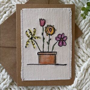 Handcrafted Embroidered Floral Greeting Card in Pink, Yellow, Orange and Brown